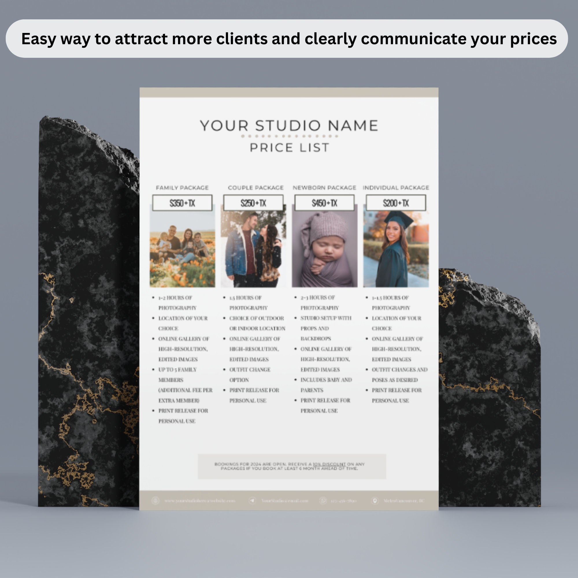 Photographer Price List Template - Pricing Guide for Photo Shoots, Package Booking Flyer for ...