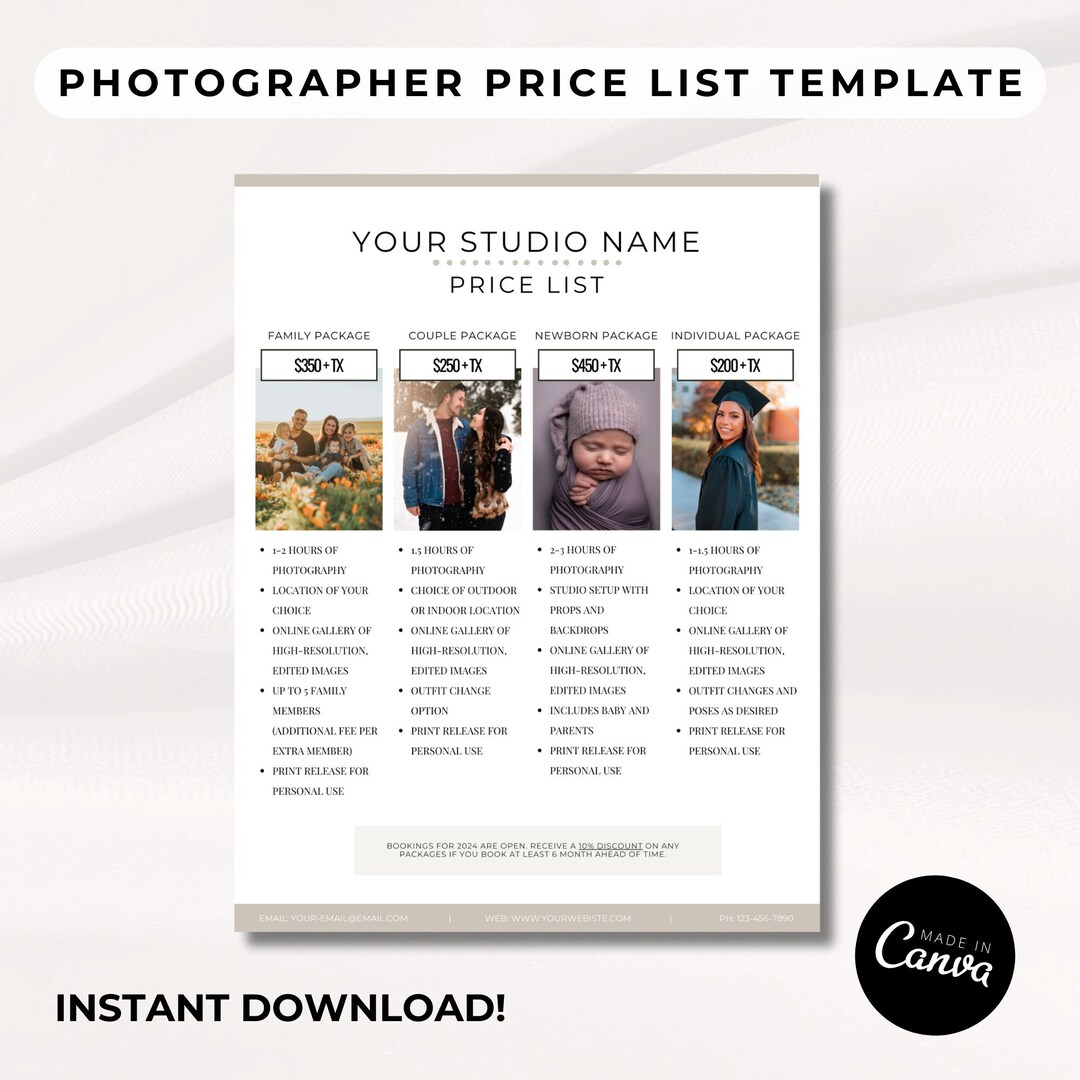Photographer Price List Template - Pricing Guide for Photo Shoots, Package Booking Flyer for ...