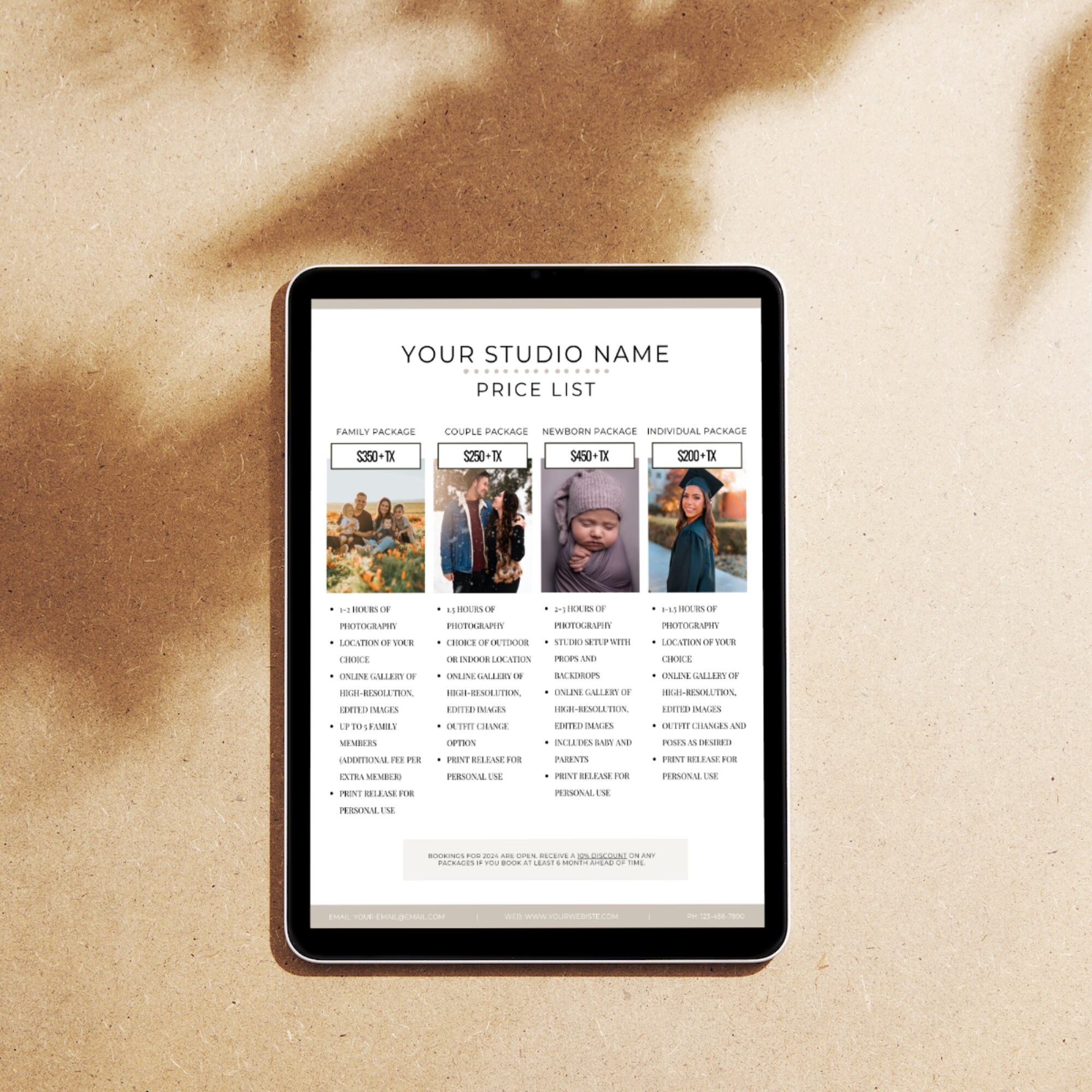 Photographer Price List Template - Pricing Guide for Photo Shoots, Package Booking Flyer for ...