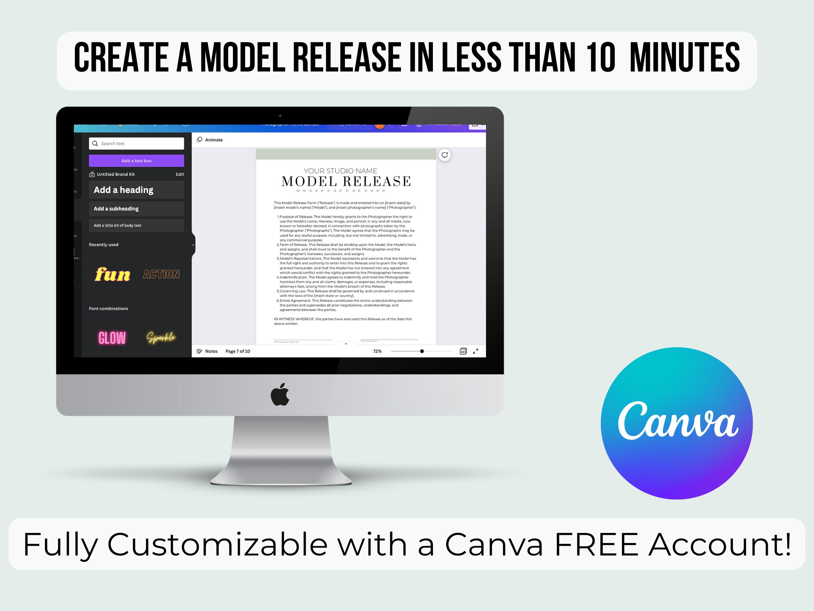 Photography Model Release Template, Release Waiver, Printable, Editable