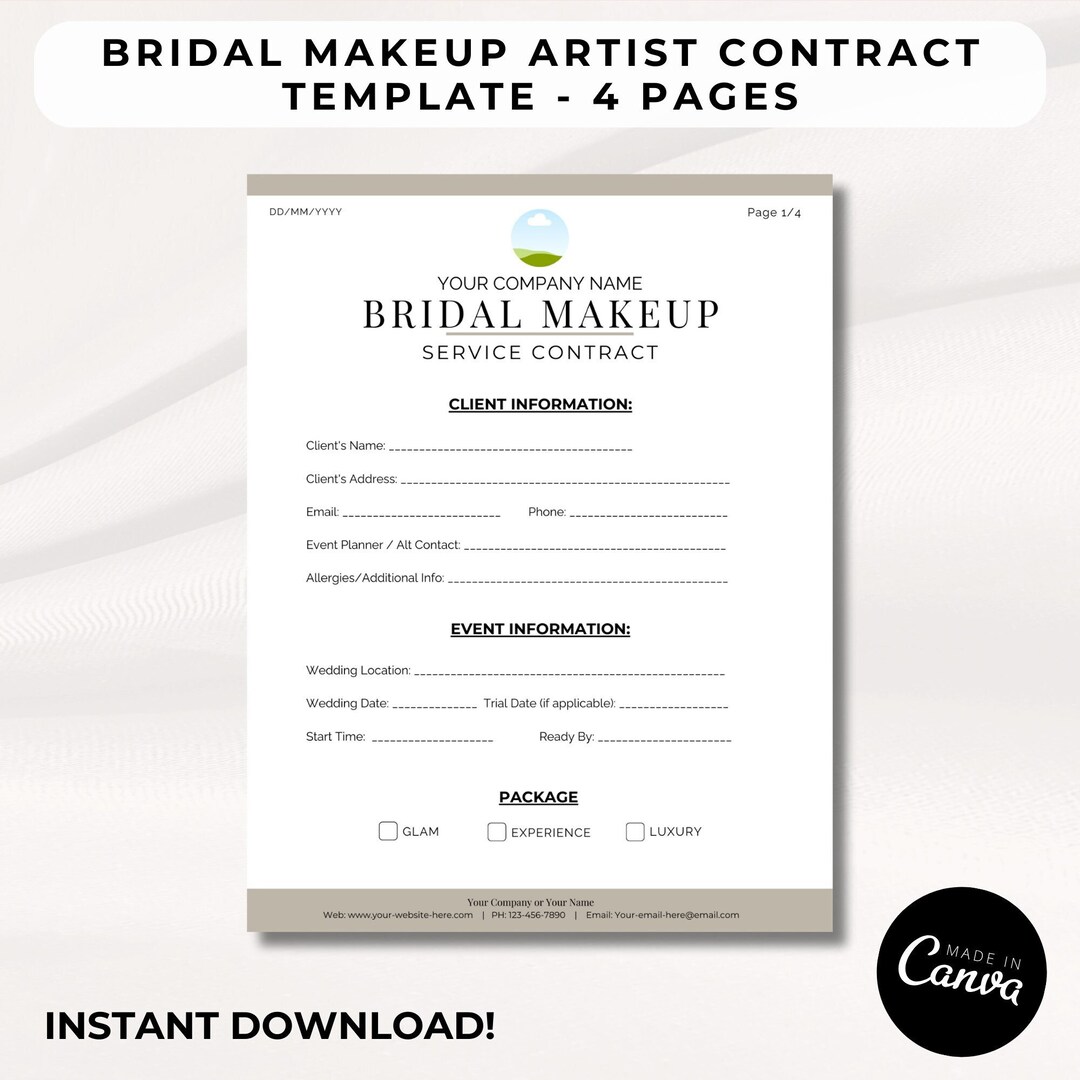 Custom Bridal MUA Agreement Wedding Makeup Artist Services Contract ...