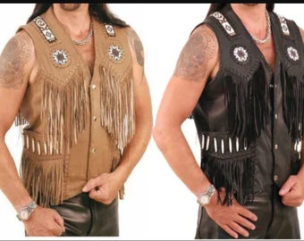 Men's Native American Western Cowhide Leather Fringe Vest Beads & bone| Black leather vest | fringe motorcycle vest| handmade work|