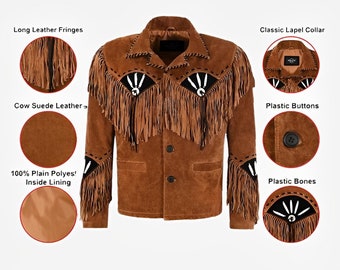 Men’s Traditional Native Western American Coat Style Cowboy Suede Leather Shearling Jacket with fringe& beads | Handmade Work |