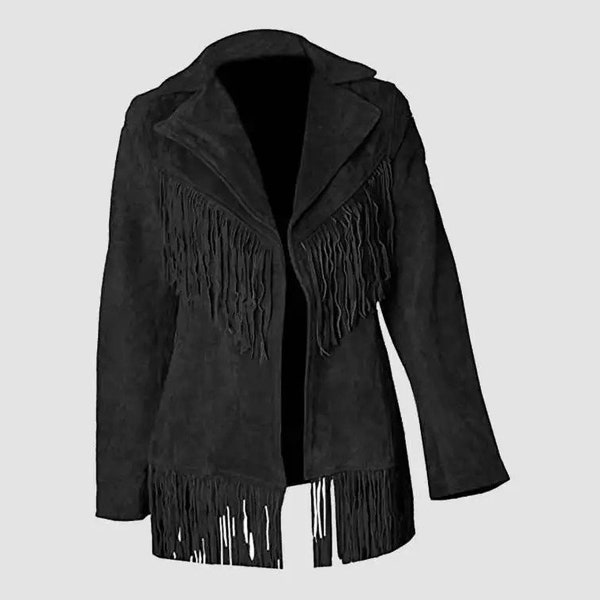 Handgemaakte zwarte franje damesjas, Fringe Western Vintage jas| Dames leren jas, leren cowboyjas, westernjas dames|