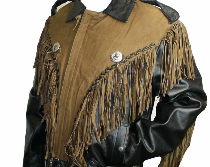 Men's Western American Style Both Leather Jacket With Fringe & Sliver Studded with Belt | Motorbike Jacket |