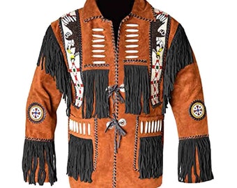Handmade Men Traditional Western American Coat Style Cowboy Suede Leather jacket with beads bones and fringes