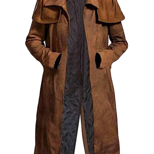 Men's Western American fallout Vegas veteran Long Coat Ranger Real Suede Leather Overcoat Jacket | suede leather coat|