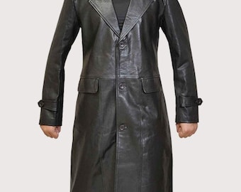 Hand made Mens black leather trench coat | leather long coat for men| genuine leather long coat|