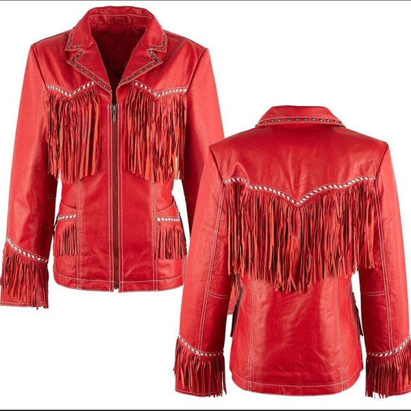 Women's Western American red Cowhide Leather Jacket| Fringed Leather Jackets for Women|