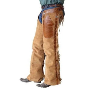 Hand Made Native American Cowboy Suede Leather Pant Rodeo Chap Mountain Men Western Leather chap tan brown image 1