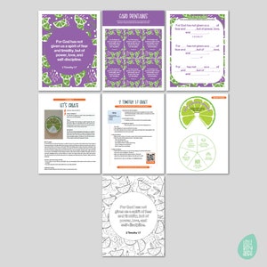 Puede incluir: Una hoja de trabajo imprimible con un fondo verde lima y una actividad artesanal para niños. La hoja de trabajo incluye una cita de la Biblia, 2 Timoteo 1:7, "Porque Dios no nos ha dado un espíritu de cobardía, sino de poder, de amor y de dominio propio."