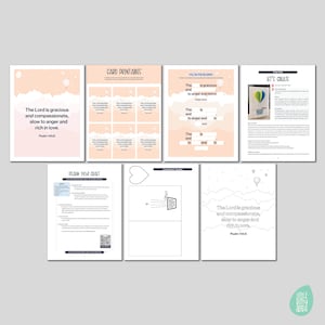Op de afbeelding: Een printbare set met religieuze educatieve materialen voor kinderen. De set bevat een kaart met de Bijbeltekst "De Heer is genadig en barmhartig, langzaam tot toorn en rijk aan liefde. Psalm 145:8", een knutselactiviteit en een invul-activiteit.