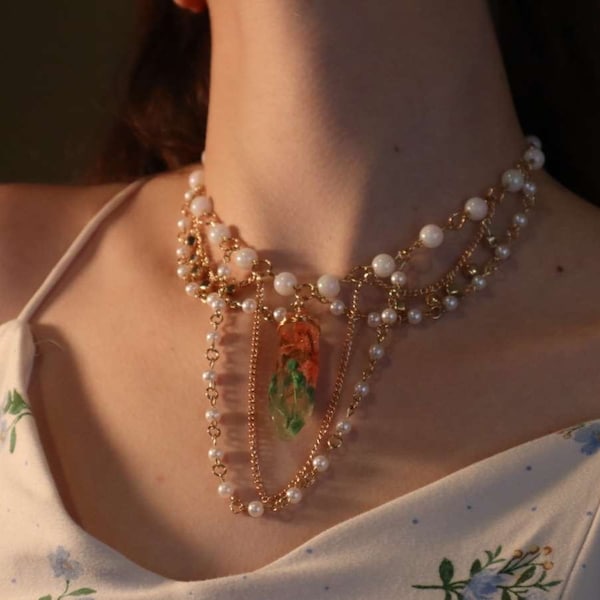 Homemade Baroque Pearl Crystal Necklace, Gold Chain Statement Piece, Unique Cottagecore Jewelry