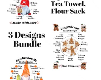 Könnte beinhalten: Weißer Hintergrund mit drei Keksrezepten: Chocolate Chip, Lebkuchen und Snickerdoodle. Jedes Rezept enthält Zutaten und Maße. Der Text "3 Designs Bundle" ist ebenfalls vorhanden.