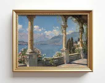 May include: A framed painting depicting a scenic view of a lake with mountains in the background. The scene is viewed from a stone terrace with columns and a vine-covered archway. Pink flowers are blooming in the foreground.