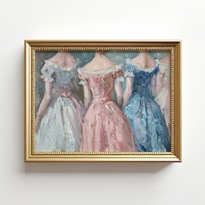 May include: A framed oil painting of three women in dresses, standing back to back. The women are wearing a light blue, pink, and dark blue dress. The painting is framed in a gold frame.