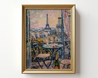 Paris Balcony Oil Painting Print: Eiffel Tower View (Digital Download)