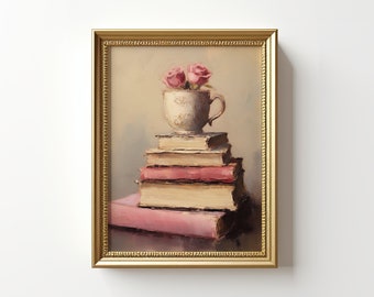 Teacup & Books Print: Girly Coquette Room Decor (Digital Download)