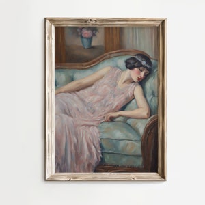 Sleeping 1920s Flapper Portrait | Coquette Room Decor | Girly Wall Art | Vintage Painting | Coquette Painting | Vintage Aesthetic