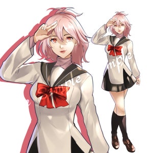 Puede incluir: Ilustración de una persona con uniforme escolar blanco con lazo rojo y detalles negros. La persona tiene el pelo rosa y está saludando. La palabra "sample" es visible en el uniforme. El fondo es blanco con una sombra rosa.