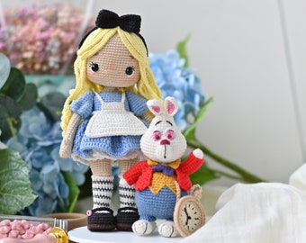 SET 2 in 1: Crochet pattern for doll Alice and White Rabbit  in Wonderland PDF English, Spanish amigurumi