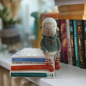 May include: A crocheted plush toy sheep wearing a green sweater and red and white striped socks. The sheep is sitting on a stack of books with Russian titles.