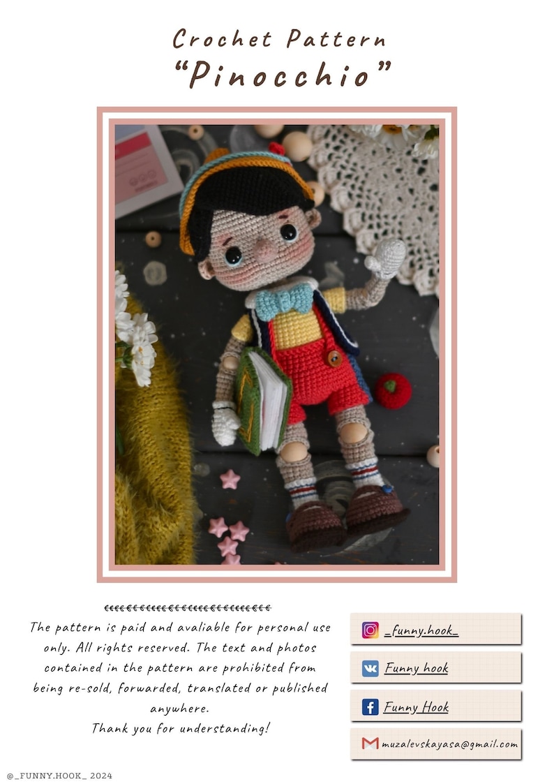 Patrón de crochet para Pinocho PDF amigurumi inglés imagen 5