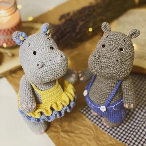 Crochet pattern for hippo Ostin and Lina, PDF (English, Deutsche) amigurumi