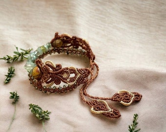 Micro Macramé Elegant bracelet with Crystals and Picasso Jasper Beads. Micromacrame jewelry.