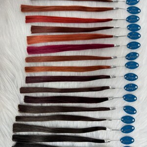 May include: A collection of hair color swatches, each with a different shade of brown, red, and black. Each swatch is attached to a blue tag with a silver wire. The tags have the word "Falang" printed on them.