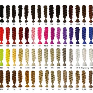 May include: A display of various braided hair extensions in a range of colors, including black, brown, blonde, red, pink, purple, and blue. Each braid is labeled with a number or code for easy selection. The image showcases a variety of hair colors and styles.