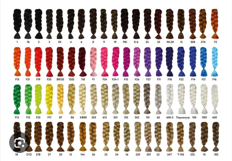 May include: A display of various braided hair extensions in a range of colors, including black, brown, blonde, red, pink, purple, and blue. Each braid is labeled with a number or code for easy selection. The image showcases a variety of hair colors and styles.