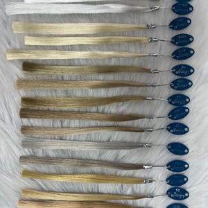 May include: A collection of hair color swatches, each with a different shade of blonde, brown, and gray. Each swatch is attached to a blue tag with the brand name "Falang" and a color code. The swatches are arranged on a white, textured surface.