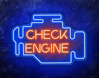 Puede incluir: Un letrero de neón azul con las palabras "CHECK ENGINE" en neón naranja. El letrero tiene la forma de la luz de advertencia del motor de un automóvil.