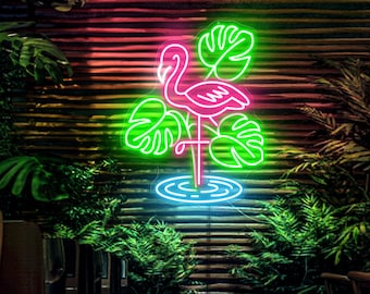 Flamingo Neon Sign Monstera Flamingo Neon Light Tropical Flamingo LED Light Wedding Neon Sign, Party Neon, Bedroom Custom Text Neon Light