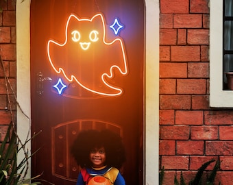 Enseigne au néon de chat fantôme, enseigne au néon Boo, néon fantôme, enseigne au néon animal mignon, enseigne au néon d’Halloween, lumière LED effrayante, fantôme drôle, enseigne au néon personnalisée