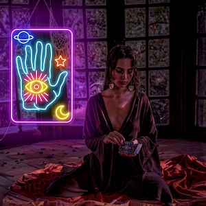 Signo de neón de estrellas de la luna del tarot psíquico, signo de adivino, lector psíquico, carta del tarot, signo de neón personalizado, signo dirigido psíquico, decoración estética