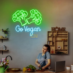 Go vegan neon sign, Broccoli neon sign, vegan led sign, vegetable neon sign, kitchen decor, wall decor, healthy food neon sign