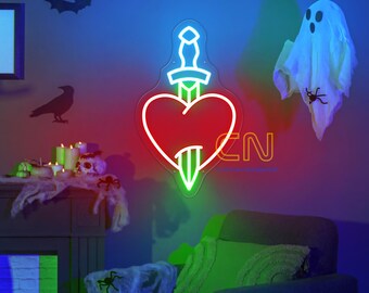 Enseigne néon gothique coeur et poignard, décoration d'Halloween, décoration murale gothique, art mural dopamine, enseigne au néon de chambre à coucher, cadeau pour petit ami, coeur d'épée