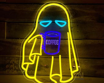 Ghost Coffee Neon Sign, Ghost Drinking Coffee Led Sign Spooky Boo Sign Halloween Coffee Lovers Сute Little Ghost Coffee Decor Halloween Gift