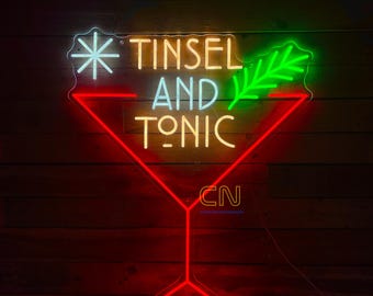 Christmas Tinsel & Tonic Neon sign, Martini Neon Light, Custom Xmas Bar Logo Sign, Christmas Tinsel Neon sign, Customized Home Bar Neon Sign