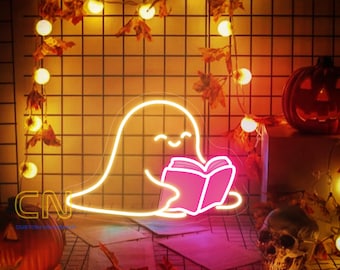 Cute Ghost Reading Neon Sign, Ghost Read Book Led Sign, Funny Spooks Reading, Halloween Wall Decor, Halloween Party Decor, Book Lover Gift