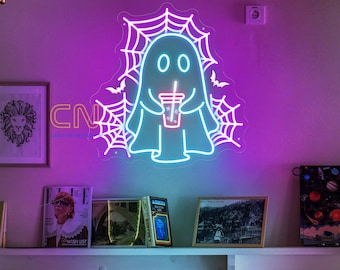 May include: A neon sign depicting a ghost holding a cup with a straw. The ghost is outlined in blue and the cup is pink. The ghost is surrounded by a white spider web.