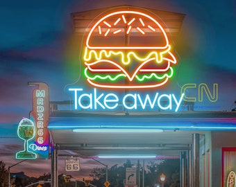 Burger Take Away Neon Sign Hamburger Neon Light Custom Burger Restaurant Logo LED Sign Fast Food Shop Decor Burger Wall Art Food Truck Decor