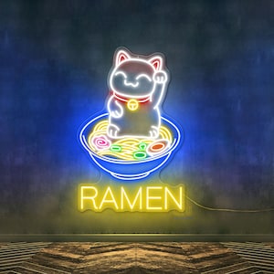 Fortune Cat in Ramen Neon Sign, Japanese Noodles Restaurant Neon Sign  Food Bar Decoration Lucky Cat Sign Ramen Sign Wall Art Decor