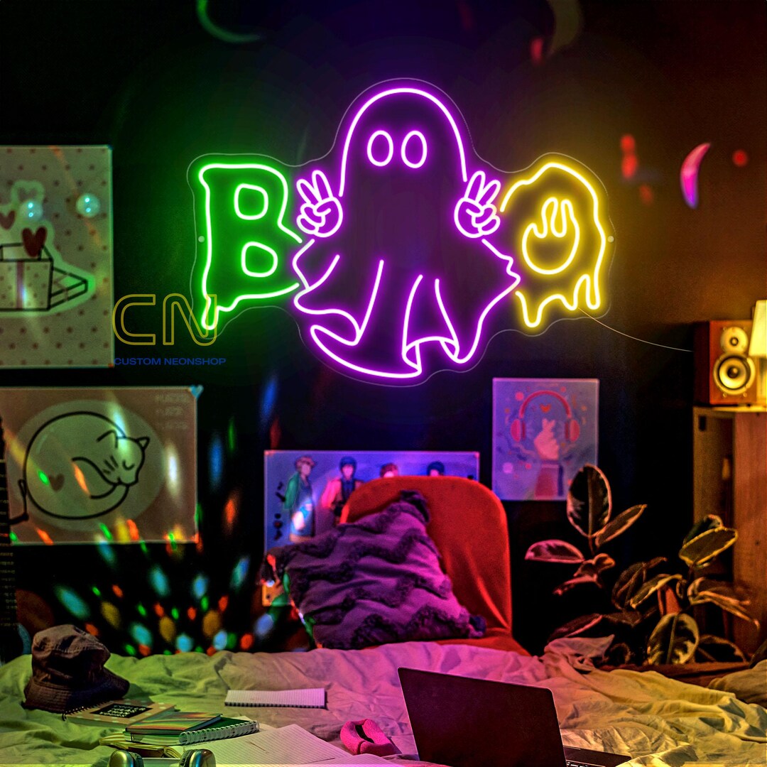 Letrero de neón de Spooky Boo, letrero de neón de fantasma de Halloween ...