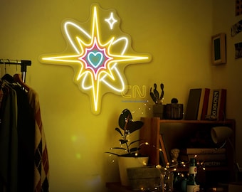 Sparkling Heart Neon Sign Bedroom Lamp, Stars Neon Sign, kids room LED sign, Bright firework, Sparkles symbols neon sign, Glowing light sign