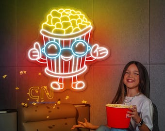 Popcorn Mascot Neon Sign, Custom Snack Bar LED Neon Movie Theater Film Room Cinema Home Wall Decor Street Fast Food Snack Bar Decoration