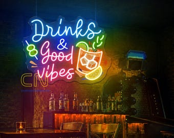 Drinks & Good Vibes LED Neon Sign, Bar Wall Decor, Cocktail Neon Light, Lounge Sign, Happy Hour Decor, Party Home Bar Accent