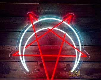 Moon Pentagram Neon Sign, Led inverted pentagram sign Satanic Pentagram Neon Sign Baphomet Pentagram Сross Sign Inverted Cross Neon Sign